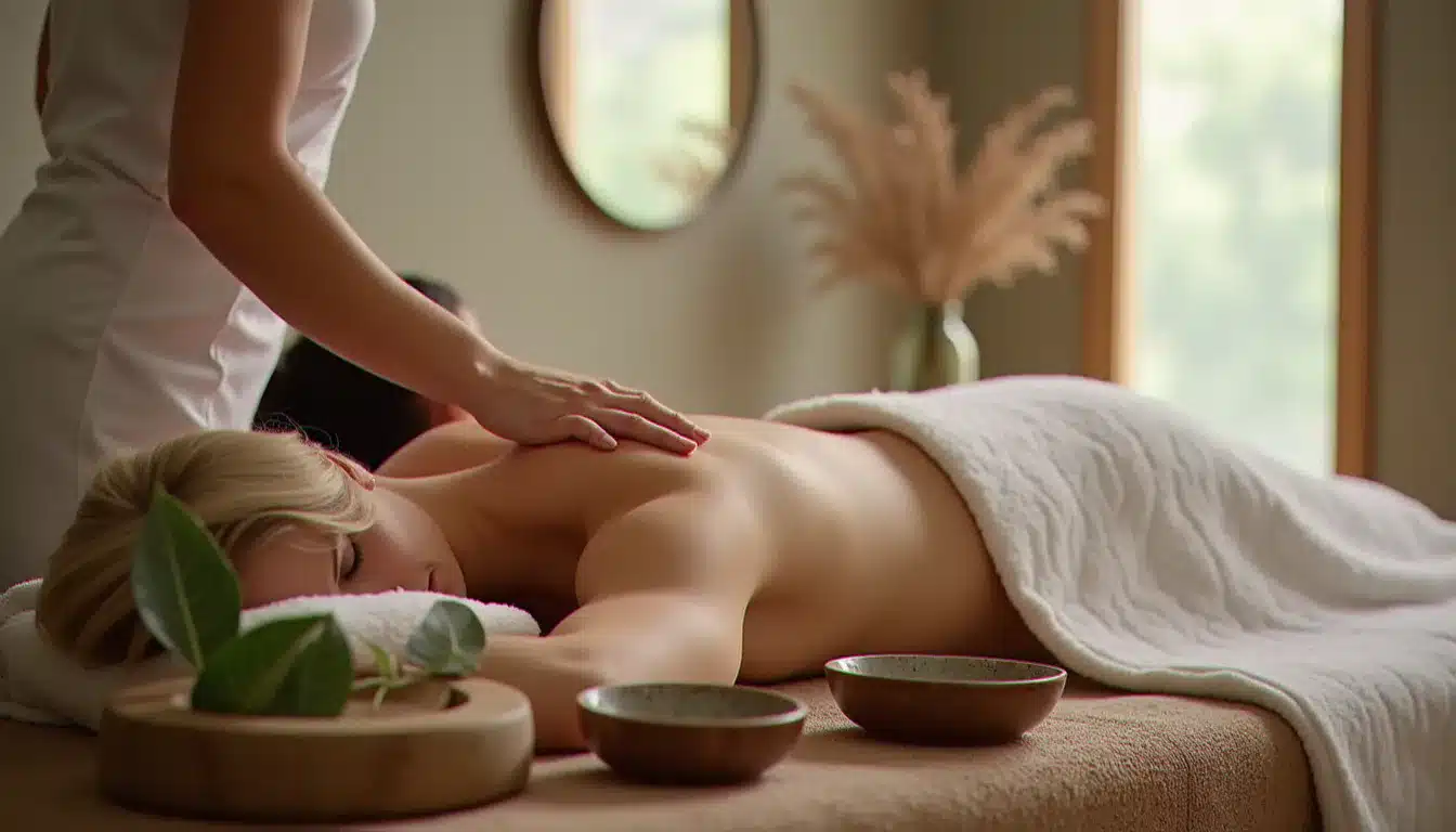 Praticienne effectuant un rituel de modelage dans un espace spa hôtelier, accessoires naturels sur la table latérale