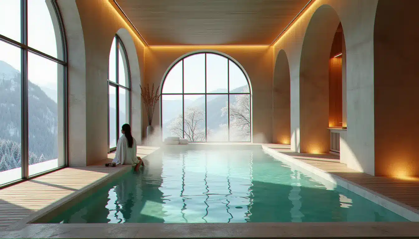 Espace thermal d'un hotel l effet spa avec piscine intérieure en pierre naturelle, baigneuse en peignoir de lin devant un paysage alpin enneigé