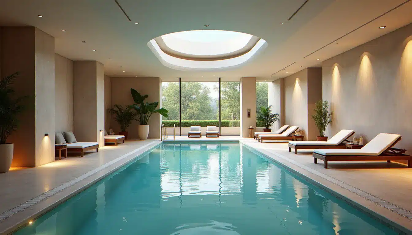 Intérieur du spa de l'Hôtel Les Trésoms avec bassins et zones de relaxation