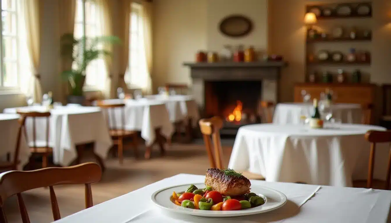 Salle de restaurant d'un établissement rural avec table dressée et plat de saison, éclairage naturel