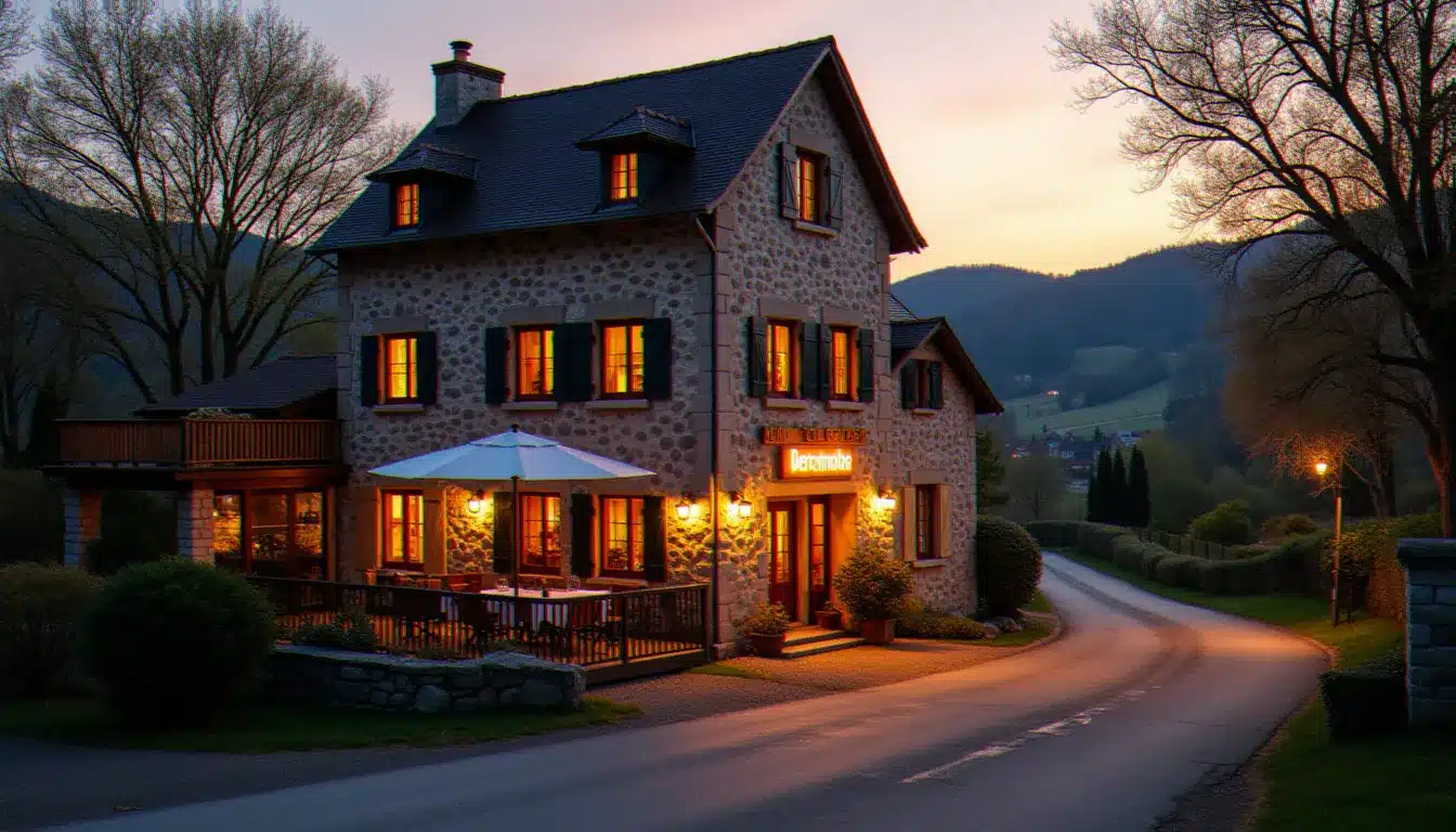 Hôtel restaurant aux Vieux Arceaux en soirée, façade en pierre et terrasse éclairée dans un environnement rural du Doubs
