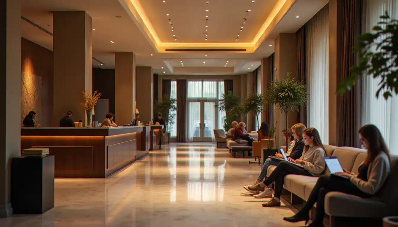 Lobby d'un hôtel calme et luxueux en France, sans enfants, avec des adultes en train de lire ou de travailler.