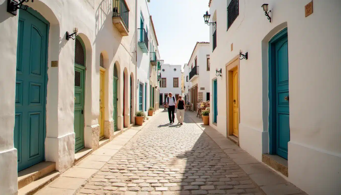Ruelle pavée dans la Médina de Djerba avec façades blanchies et détails architecturaux traditionnels tunisiens