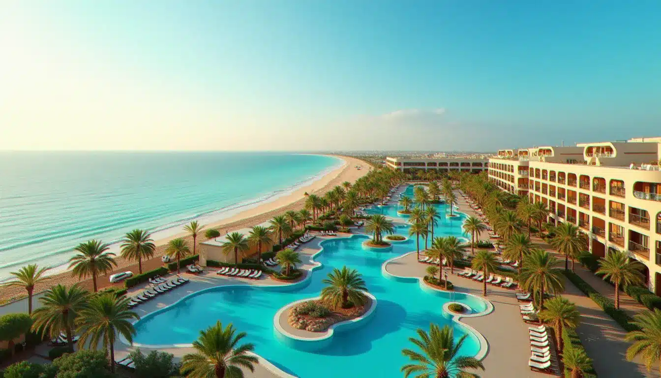 Vue aérienne d'un complexe hôtelier balnéaire 5 étoiles sur la côte de Djerba, avec piscines et plage sableuse