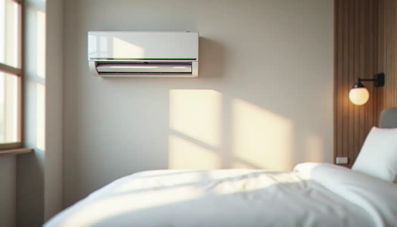 Chambre d'hôtel moderne avec unité de climatisation murale split