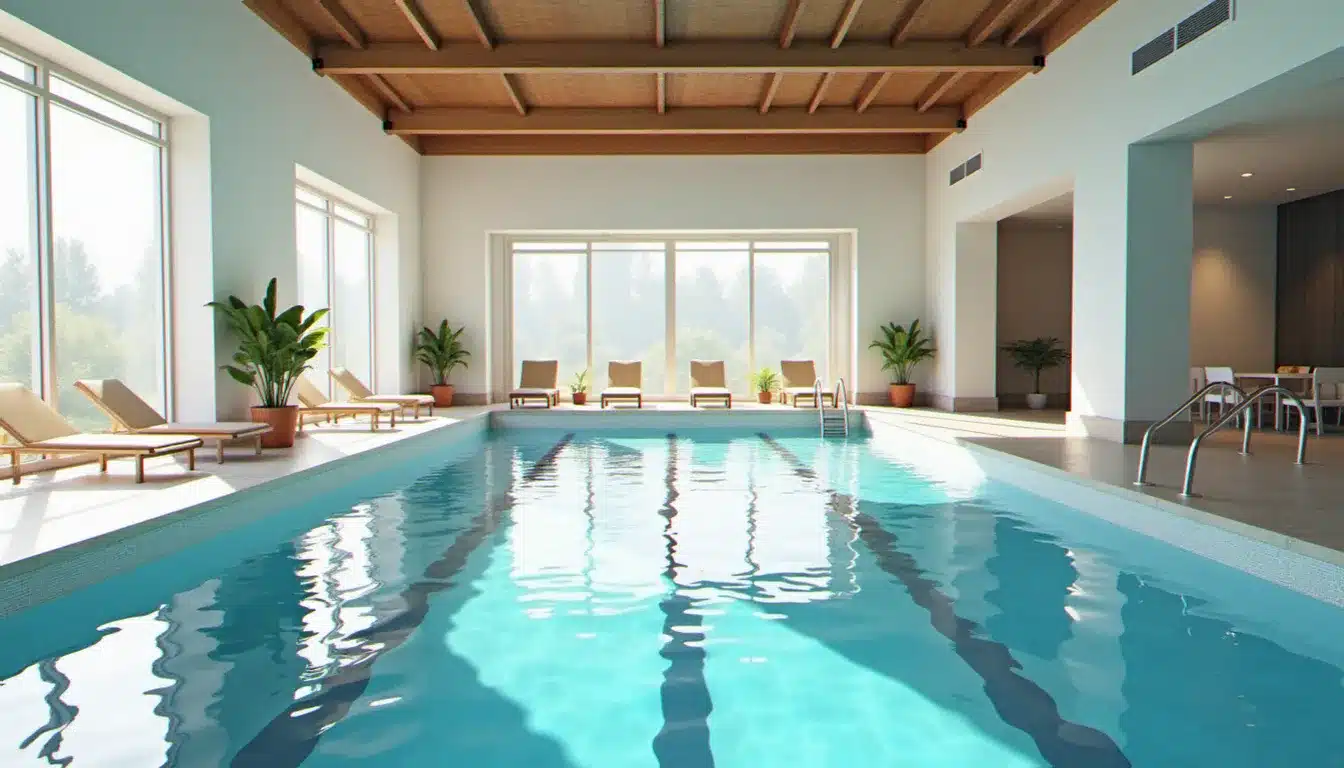 Piscine intérieure d'hôtel avec grandes baies vitrées et bassin rectangulaire pour nager