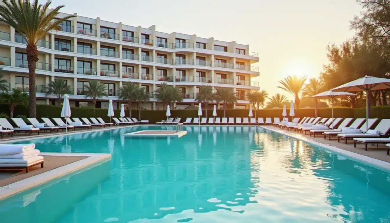 Piscine extérieure calme d'un hôtel avec piscine au coucher du soleil, transats et façade de l'établissement