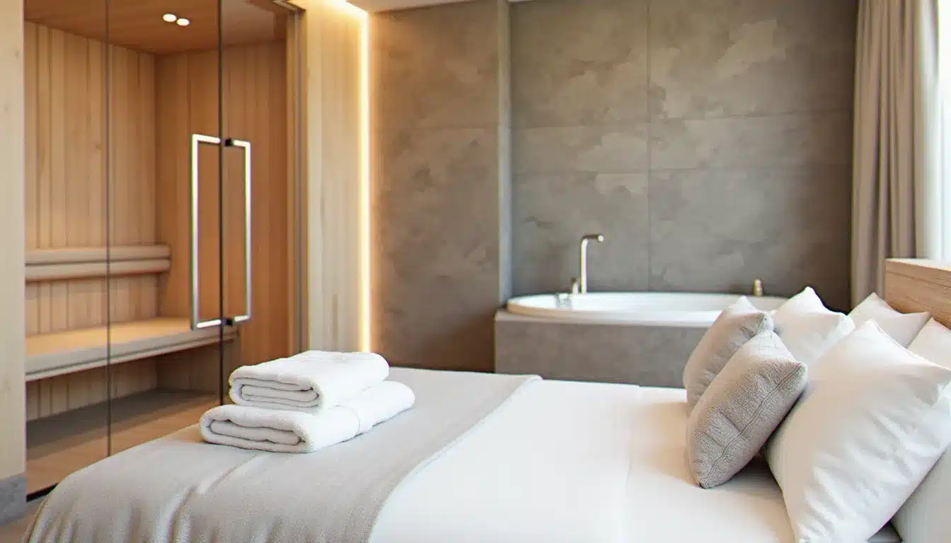 Suite d'hôtel avec sauna et hammam privatifs séparés de la chambre par une porte vitrée
