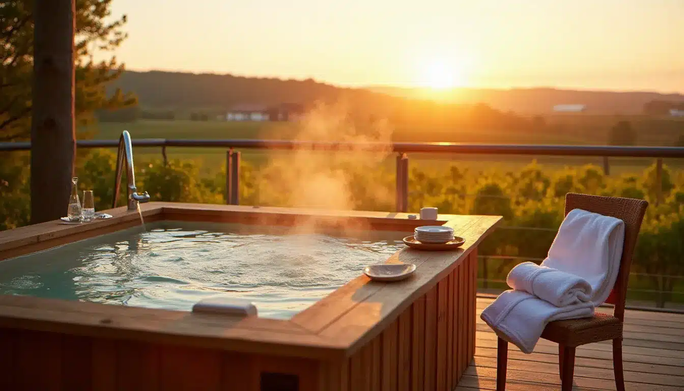 Terrasse privative avec bain à remous en bois face aux vignes, illustrant un hôtel avec spa privatif en Bourgogne