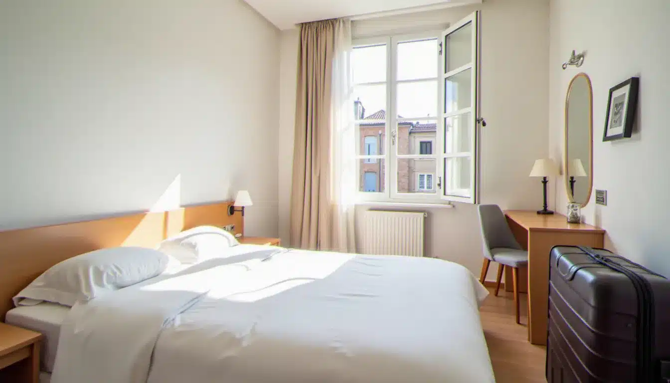 Chambre d'hôtel simple et lumineuse avec lit double et petit bureau, adaptée à une étape professionnelle ou touristique