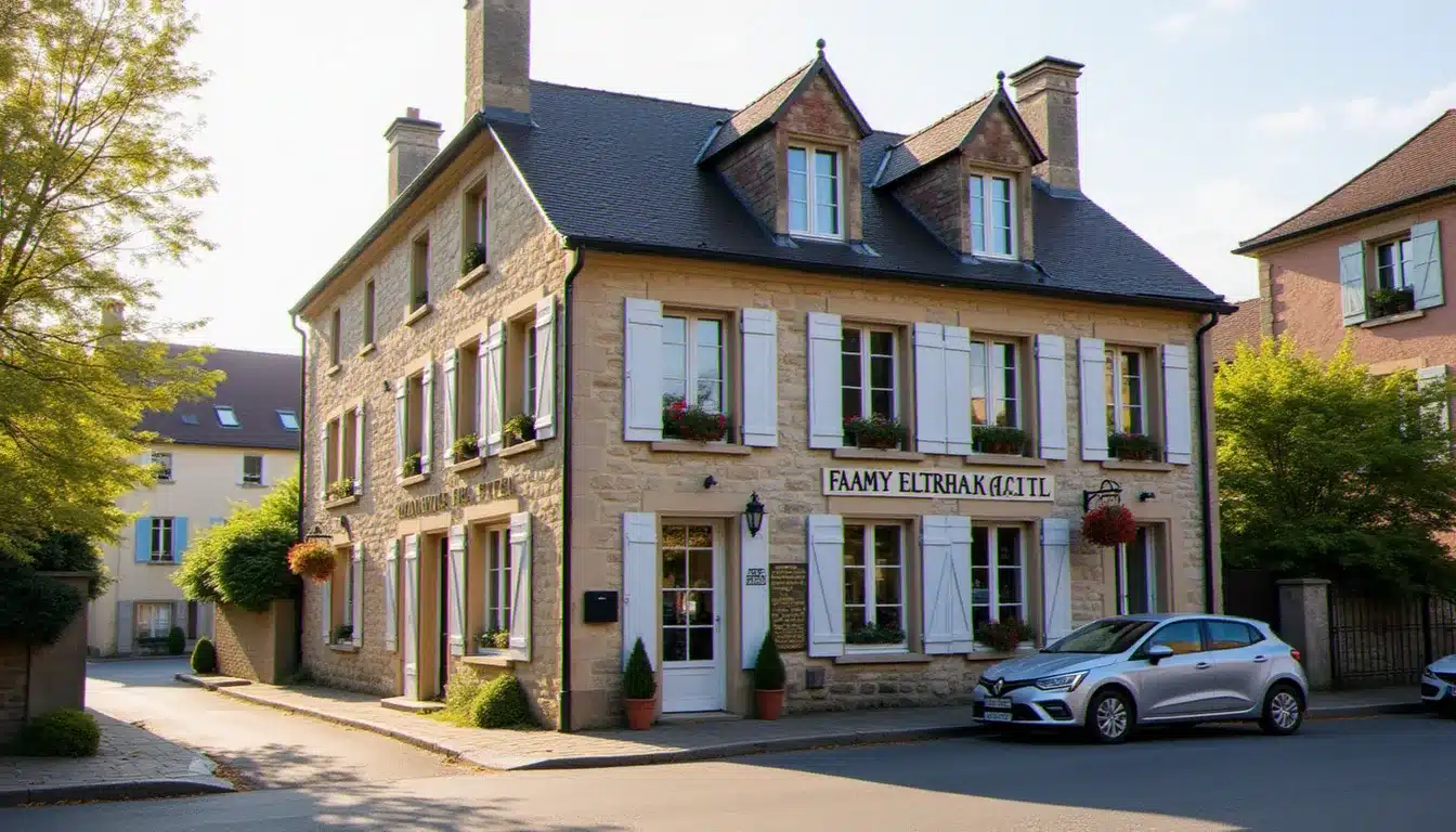 Façade d'un petit hôtel de caractère dans une rue calme, illustrant la recherche d'un hotel Commentry 03600 dans l'Allier