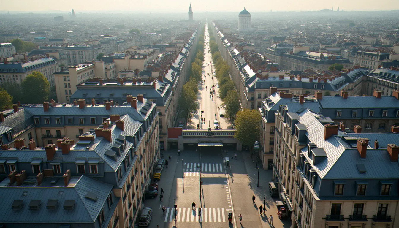 Vue sur un quartier parisien proche d'une gare, avec toits, entrée de métro et piétons, pour choisir son quartier