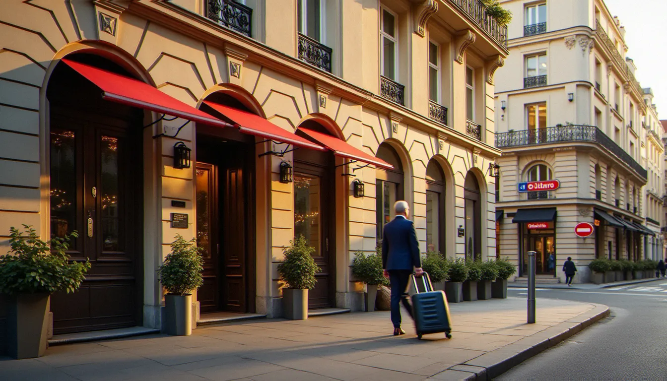 Façade d'un hôtel de style haussmannien à Paris avec un voyageur et sa valise, illustration d'un hotel guide Paris
