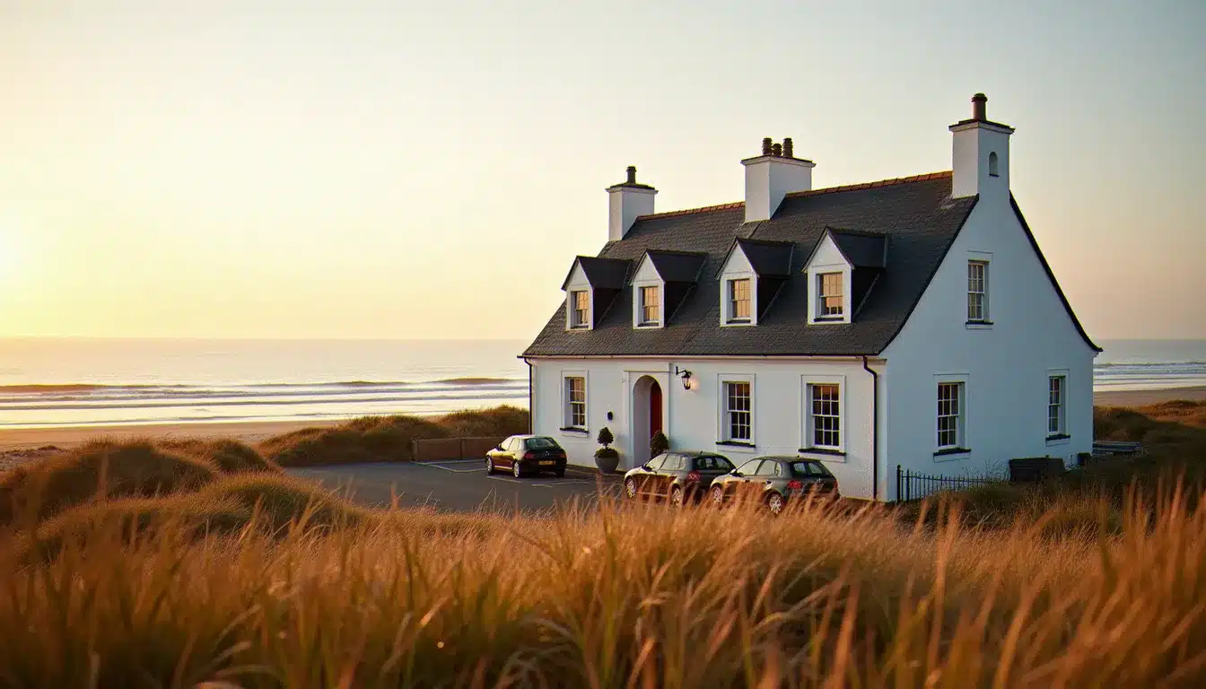 Petit hôtel de bord de mer aux murs blancs et toit d'ardoise près d'une plage de Bretagne Sud, illustrant un hotel Guidel 56
