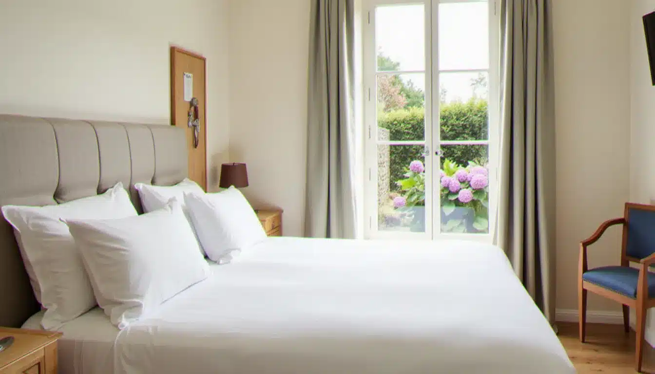 Chambre d'hôtel lumineuse avec fenêtre donnant sur un jardin dans une maison d'hôtes bretonne
