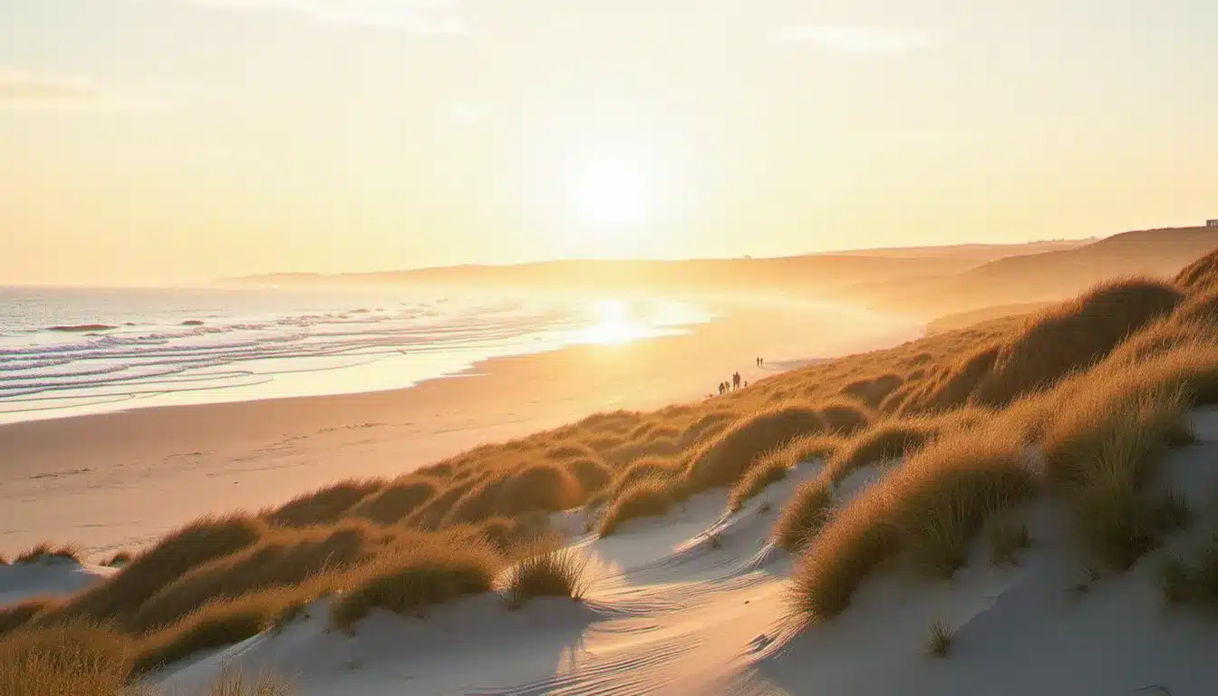 Plage de sable et dunes en Bretagne près de Guidel au coucher du soleil, un cadre typique pour choisir un hotel guidel plage