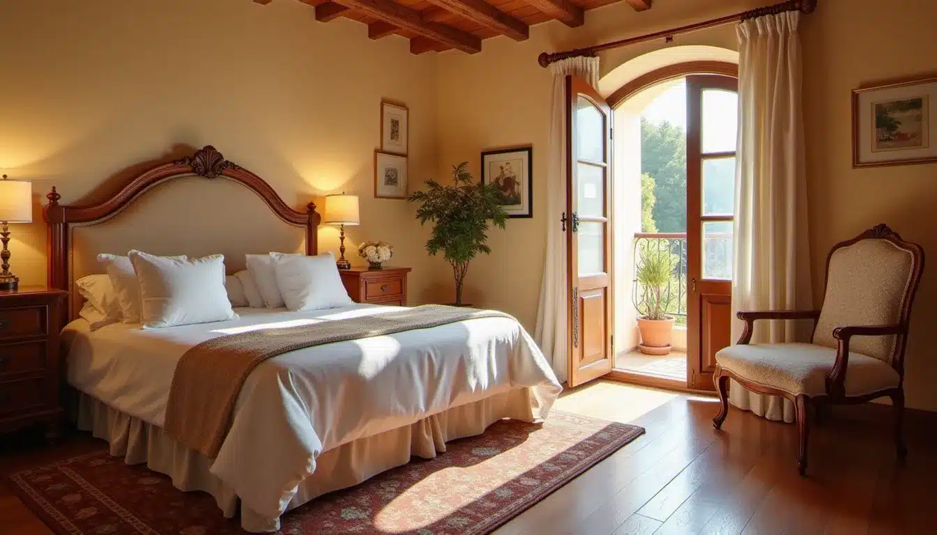 Chambre de l'hôtel le nessay avec décoration méditerranéenne et porte-fenêtre donnant sur un balcon