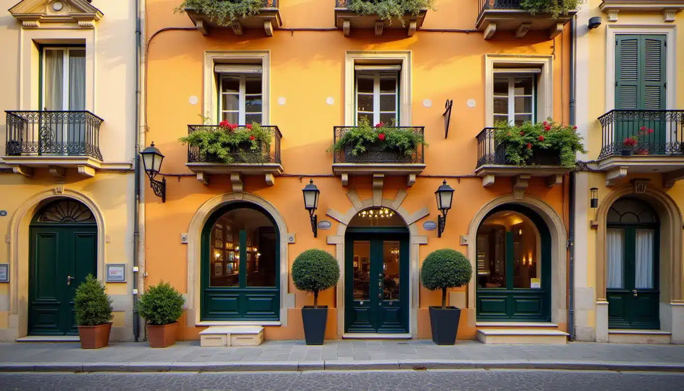 Façade de l'hôtel le nessay dans le Vieux-Nice, architecture méditerranéenne traditionnelle avec jardinières de fleurs