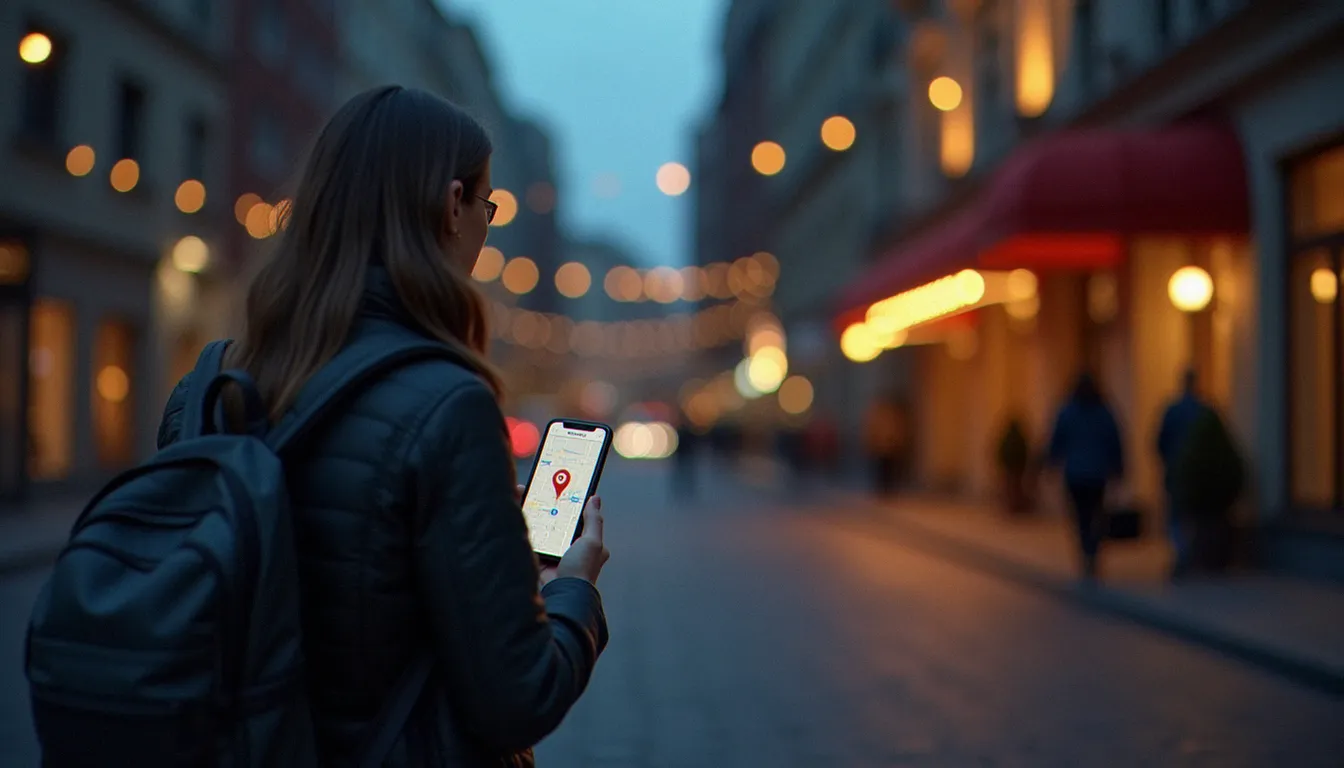 Voyageur consultant une carte sur son smartphone pour trouver l'hotel le plus proche de moi, avec la façade éclairée d'un hôtel en fin de journée