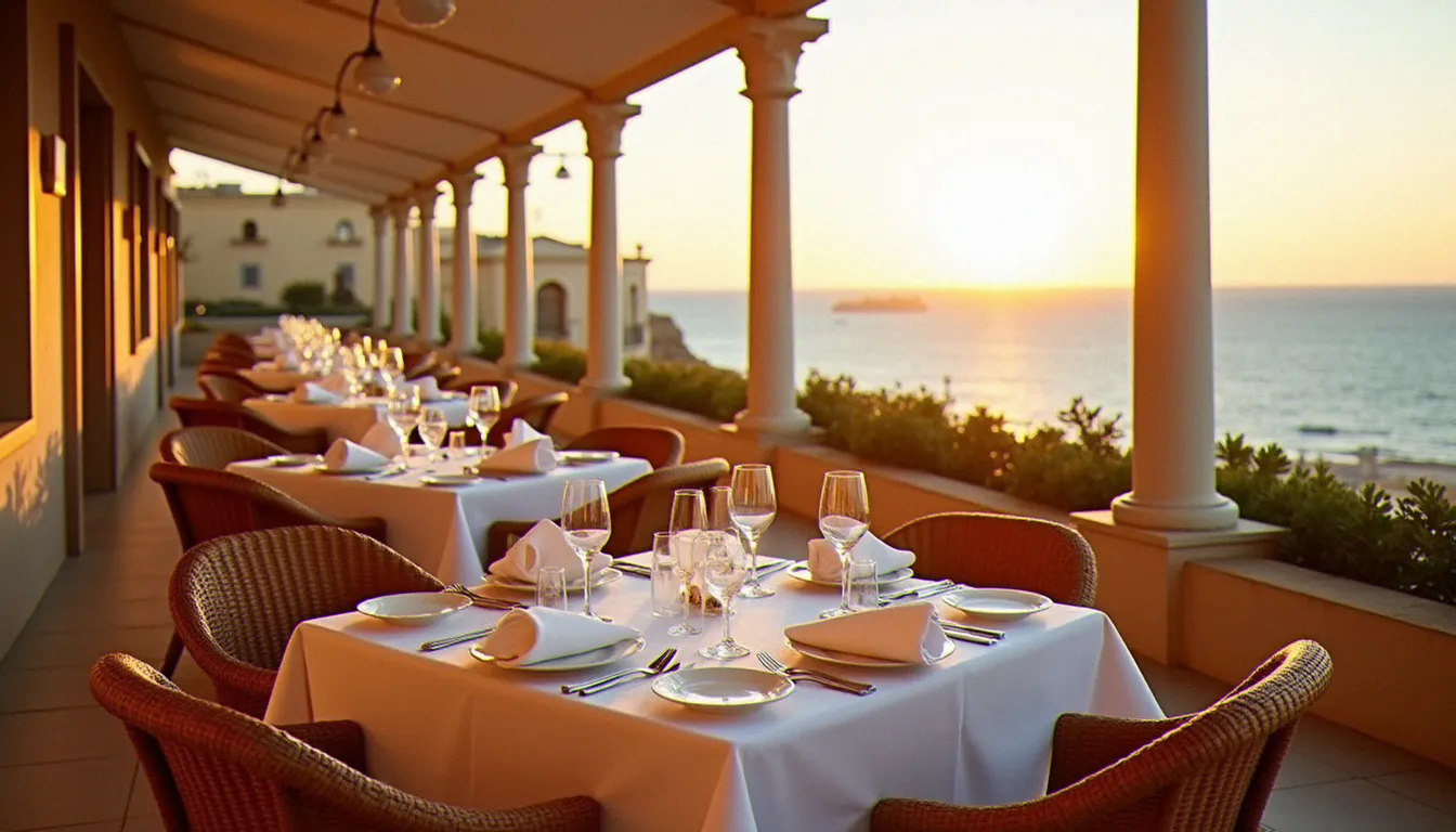 Terrasse de restaurant d'un hôtel maltais au coucher du soleil, avec tables dressées pour le dîner en demi-pension face à la Méditerranée
