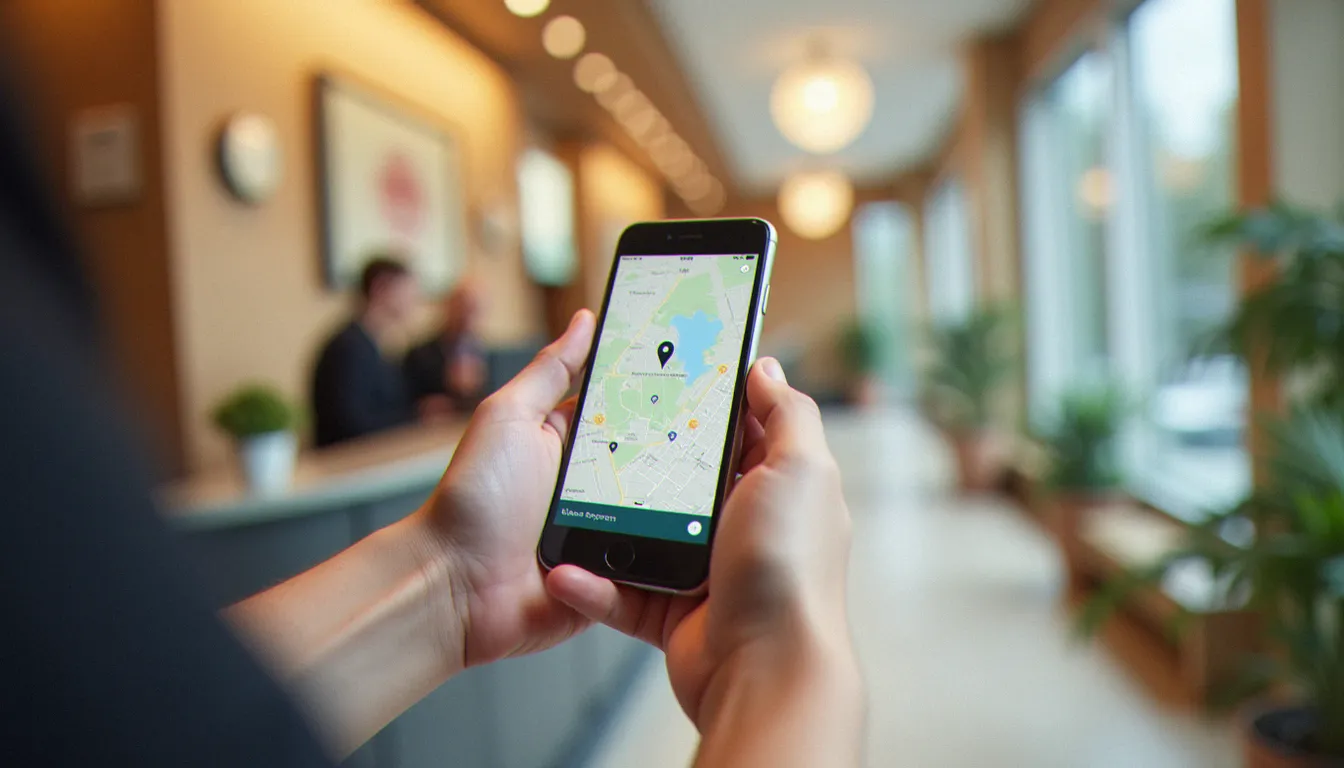 Mains tenant un smartphone affichant une carte pour comparer des hôtels, devant un comptoir de réception d'hôtel flou