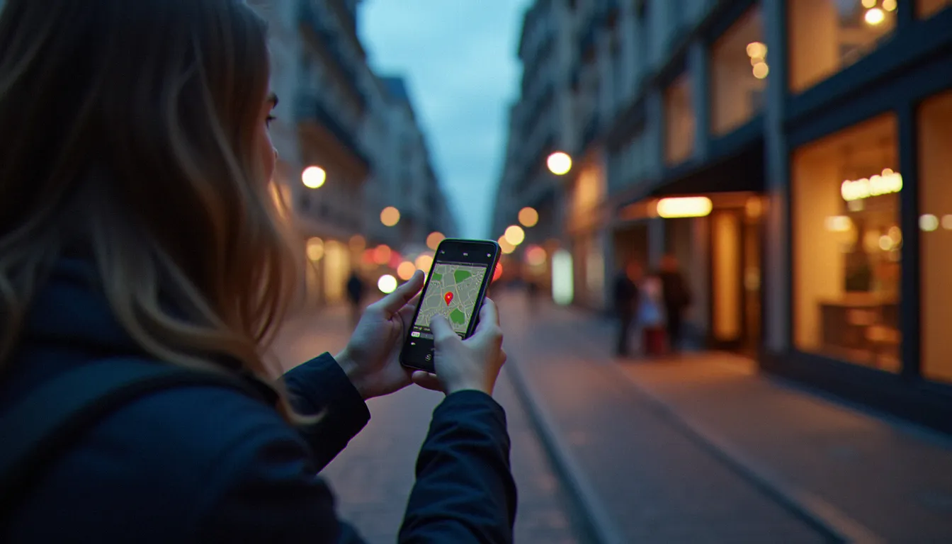 Voyageur consultant la carte de son téléphone au crépuscule pour trouver un hôtel près de ma position, avec une façade d'hôtel éclairée au fond de la rue