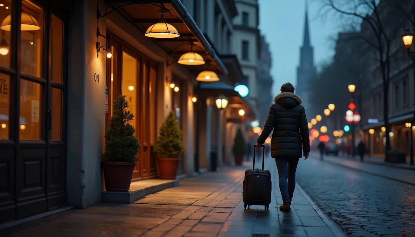 Voyageur avec une valise marchant vers l'entrée éclairée d'un hotel proximité, à proximité d'une gare en fin de journée