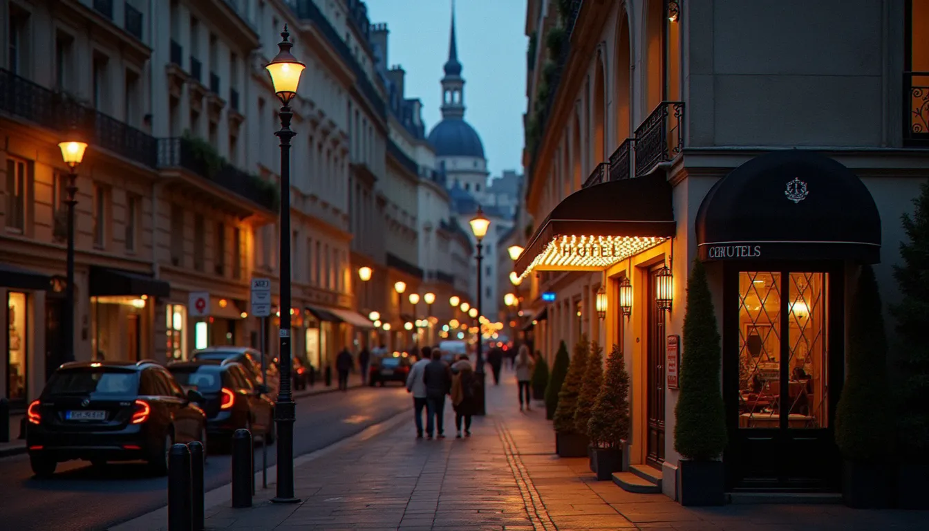 Façade d'un hôtel parisien éclairée au crépuscule