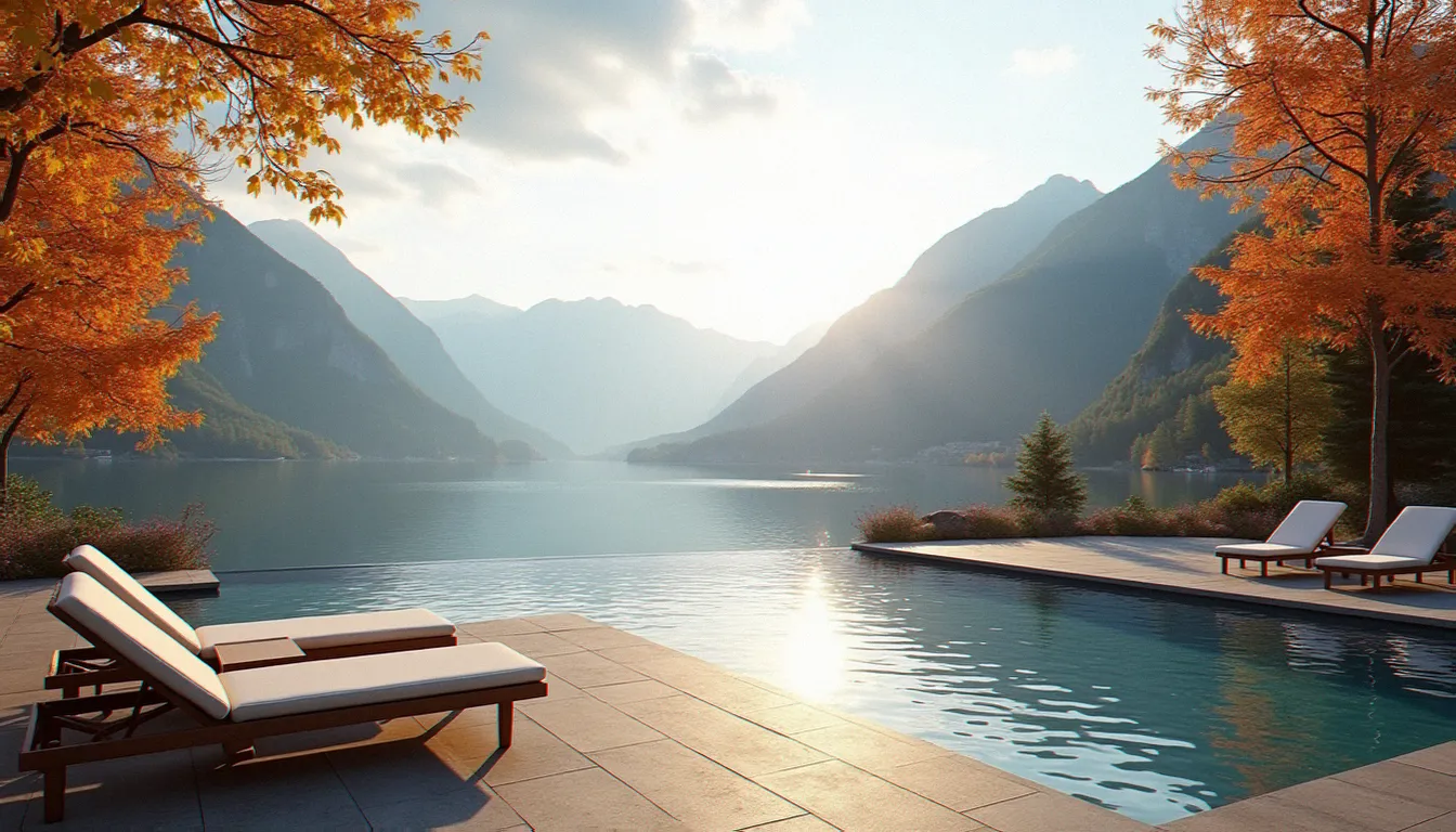 Terrasse d'hôtel au bord d'un lac alpin à l'automne, avec bassin extérieur calme et vue sur les montagnes