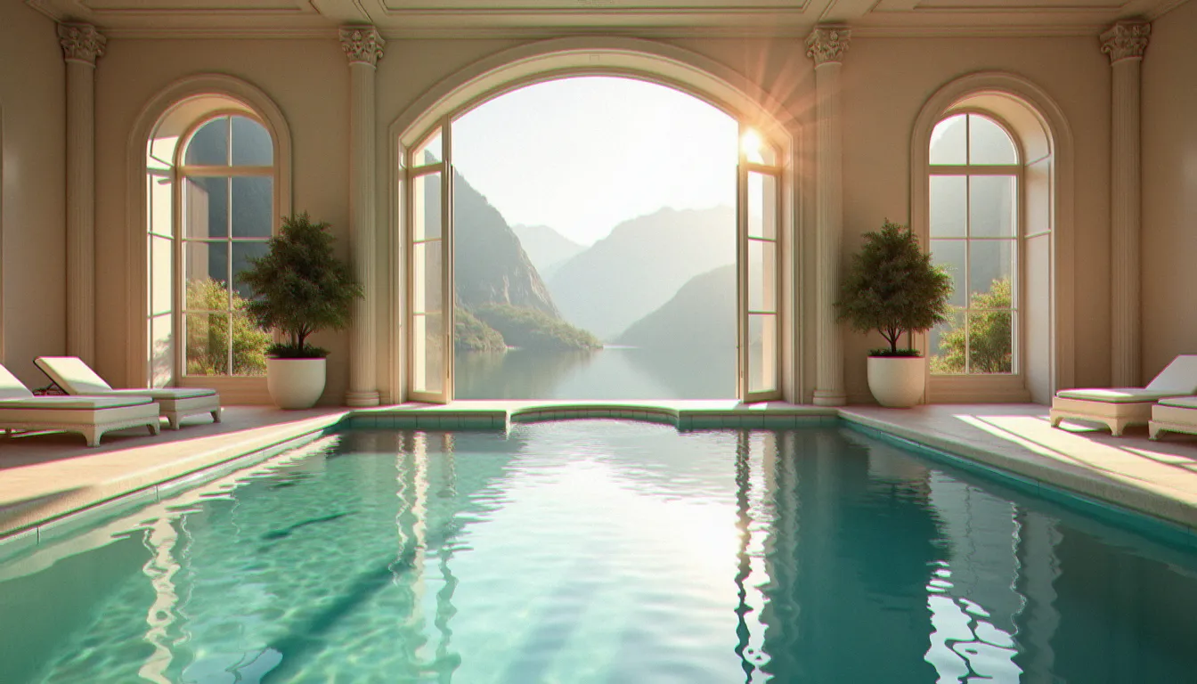 Piscine intérieure d'un grand hôtel de luxe avec baies vitrées donnant sur un lac de montagne, évoquant la piscine du hôtel royal - evian resort