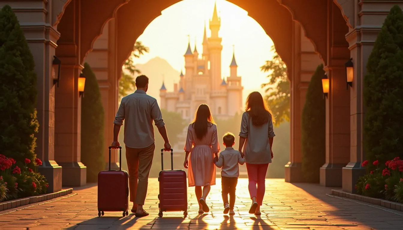 Famille avec valises devant l'entrée d'un grand hôtel thématique près d'un parc d'attractions, illustrant la réservation hôtel Disney