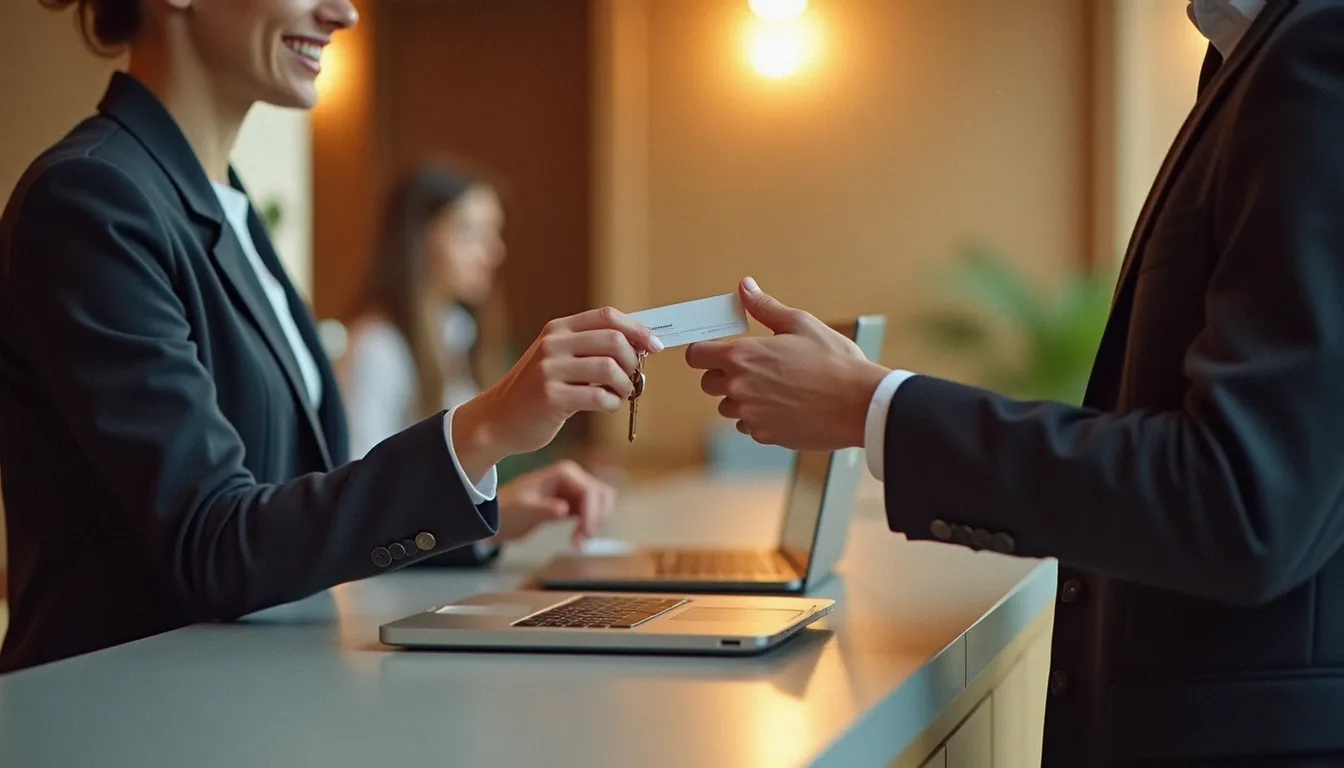 Réception d'un hôtel où un client récupère sa carte-clé après une réservation de dernière minute