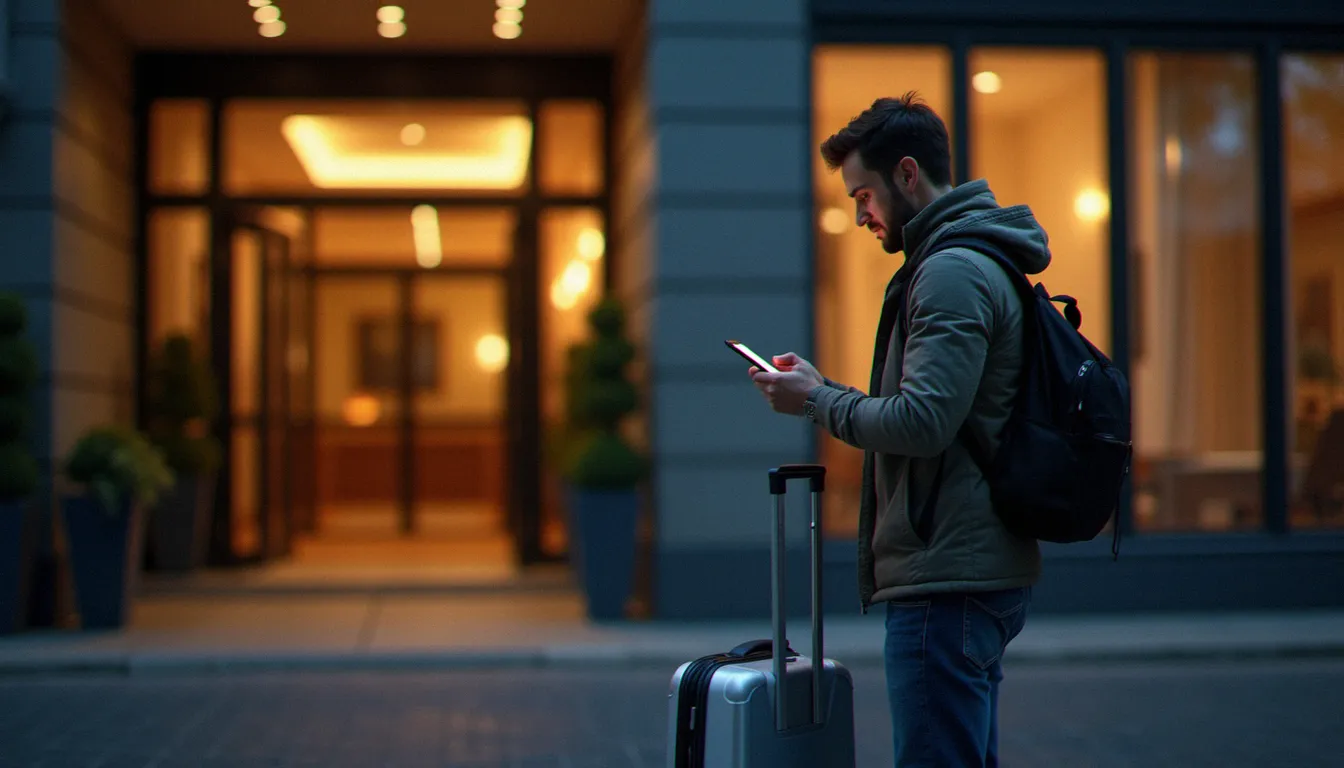 Voyageur consultant sur son smartphone un site hôtel dernière minute devant l'entrée éclairée d'un hôtel en soirée